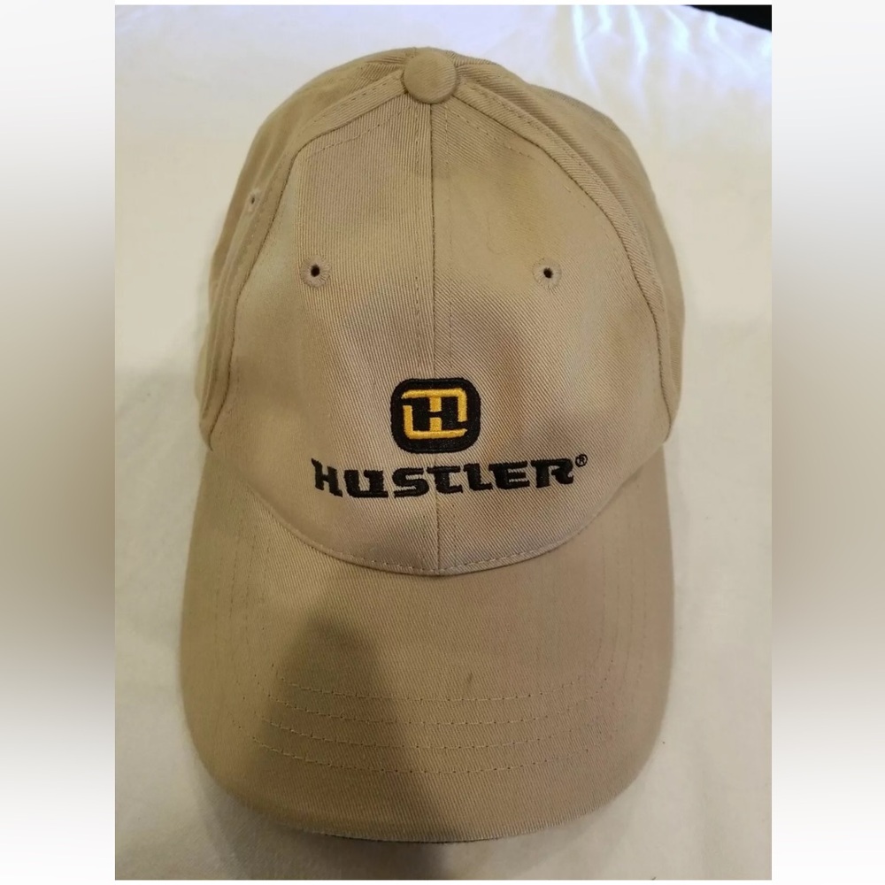 Hustler Men's Tan Adjustable Ball Cap Hat PREOWNED. HAS  MOSS BLUFF MOWER SALES